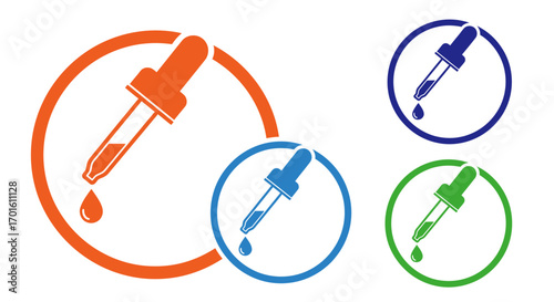 A set of colorful vector icons showing a dropper or pipette dispensing a single drop of liquid within a circle.