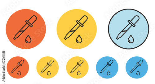 A collection of stylized dropper icons with liquid drops, presented in various circular backgrounds of orange, yellow, and blue.