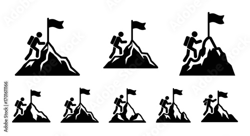 Illustrative depiction of individuals scaling mountains, symbolizing achievement and reaching goals.