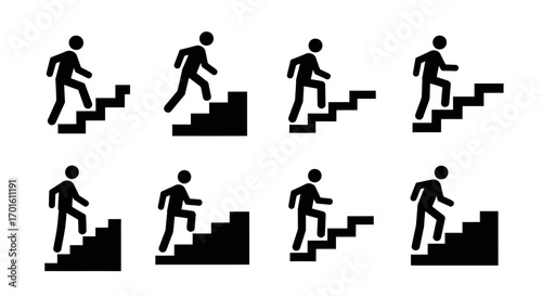 Black and white stick figures climbing stairs in a row.