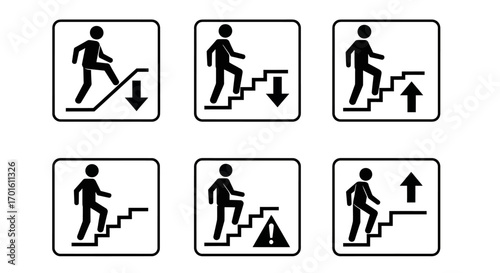 Six black and white signs depicting people using stairs.