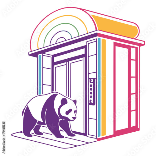 Panda entering an elevator with rainbow roof