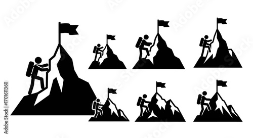 Silhouette illustrations of climbers reaching mountaintop flags.