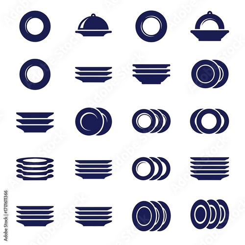 A collection of dark blue vector icons representing plates, dishes, and serving cloches in various stacks and arrangements.
