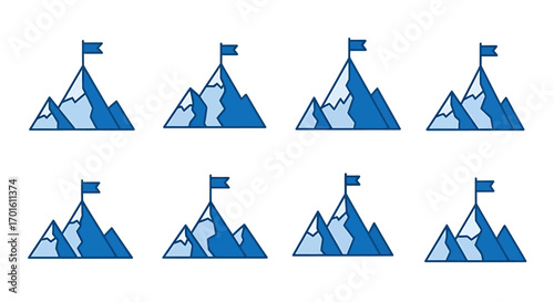 A collection of eight stylized blue mountain peaks, each topped with a small flag, representing achievement and goals.