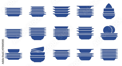 Collection of various blue ceramic plates and bowls stacked in different arrangements.
