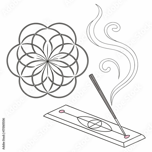 Illustration of incense stick with smoke and flower of life