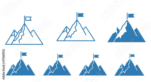A collection of stylized mountain peak icons, each topped with a flag, representing achievement and success.
