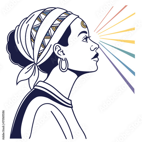 Illustration of a woman with rainbow rays emanating from her third eye