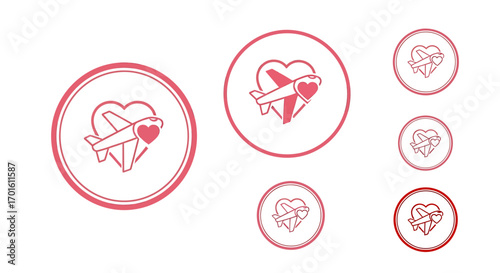 A collection of circular icons featuring a stylized airplane superimposed over a heart, symbolizing love and travel.