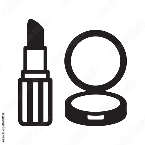 Lipstick and compact mirror icon. Makeup and cosmetics vector silhouette. Black and white beauty accessory graphic.
