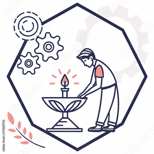 Illustration of a man tending to a lamp with gears and a geometric frame