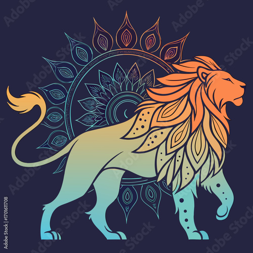Illustration of a majestic lion with a mandala on a dark blue background