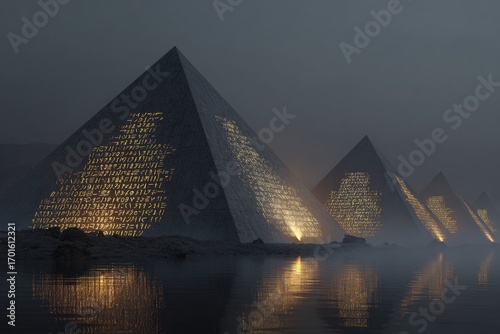 Misty pyramids, illuminated