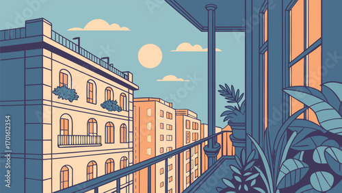 View from a balcony of city buildings with plants and clouds in the sky during the day