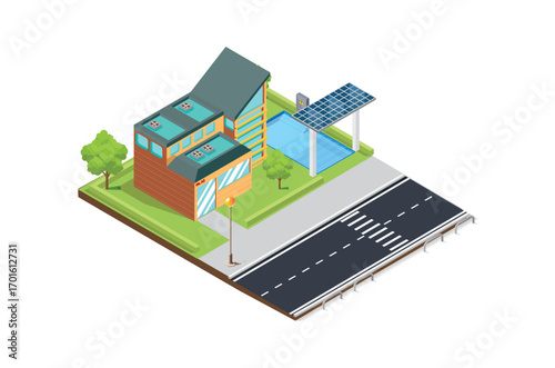 Isometric illustration of charging an electric car battery at home using solar panels, Suitable for Diagrams, Infographics And Other Graphic Related Assets