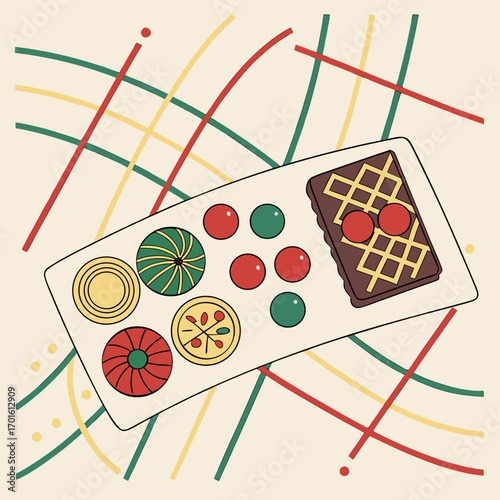 Colorful dessert platter with geometric background illustration design
