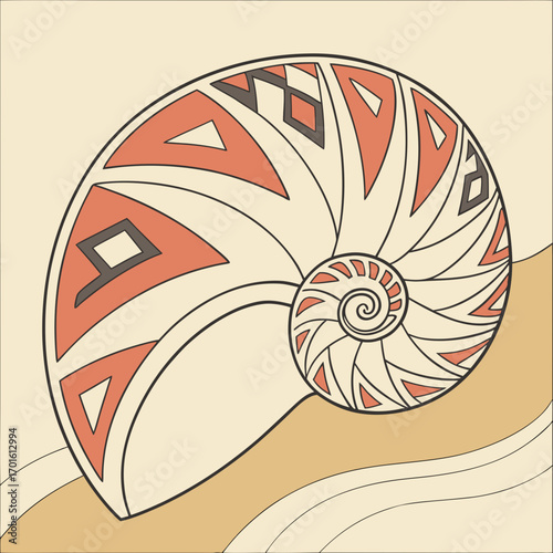 Artistic nautilus shell illustration with tribal patterns on a sandy background