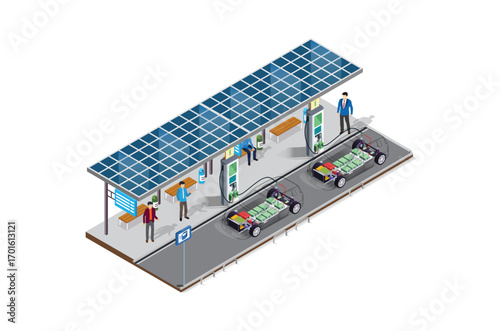 Isometric eco transport, electric vehicle charging station with solar panels, Suitable for Diagrams, Game Asset, And Other asset