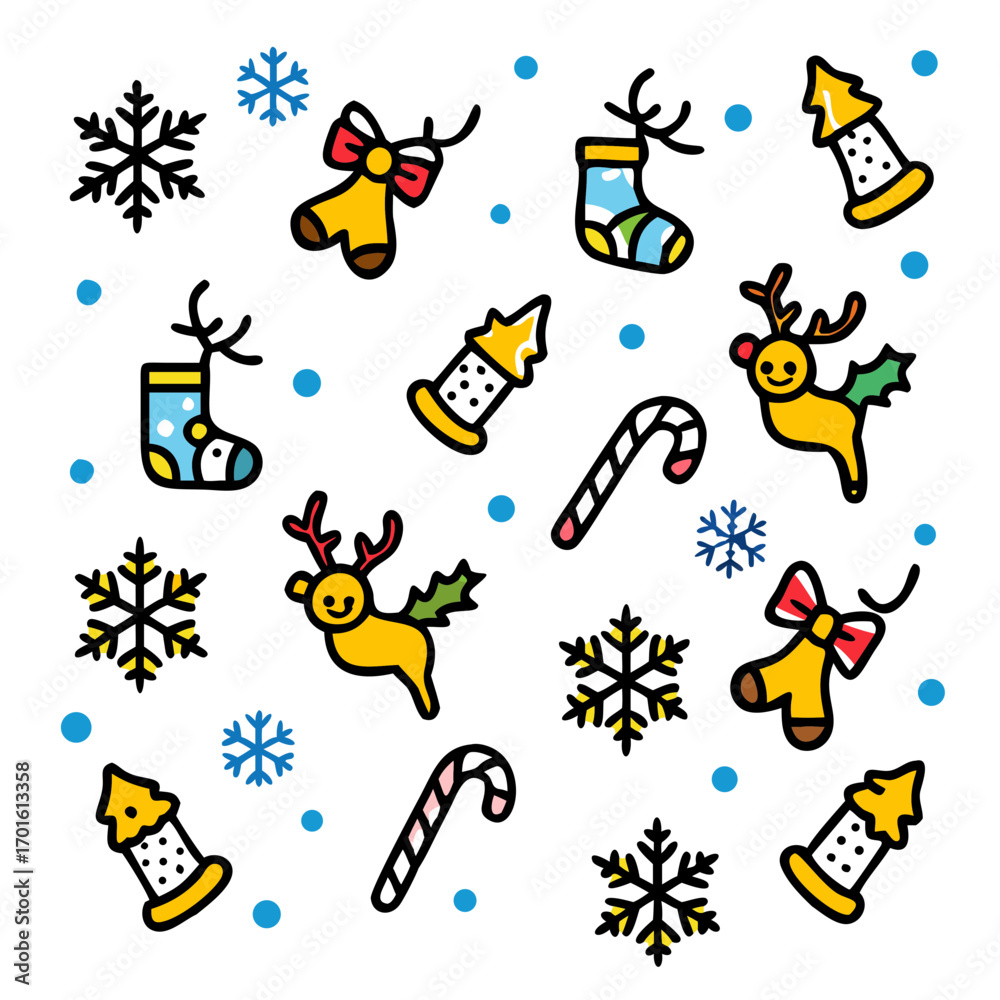 Naklejka premium Festive christmas pattern with colorful cartoon icons including reindeer snowflakes stockings bells and trees on a black background