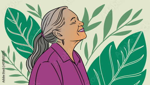 A senior woman with gray hair tied in a ponytail smiles with her eyes closed, surrounded by lush green leaves, embodying peace and nature
