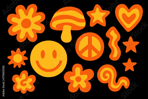 Retro Smiley and Funky Icons. Groovy funky shapes psychedelic cartoon elements in retro style with yellow,orange colors. Vector illustration sticker set