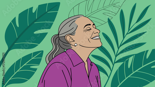 A senior woman with gray hair tied in a ponytail smiles with her eyes closed, surrounded by lush green leaves, embodying peace and nature