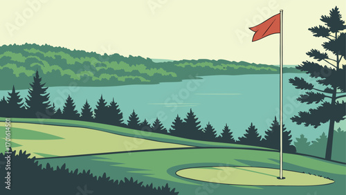 Golf course with a red flag on a hole, overlooking a serene lake surrounded by lush green trees and a forest