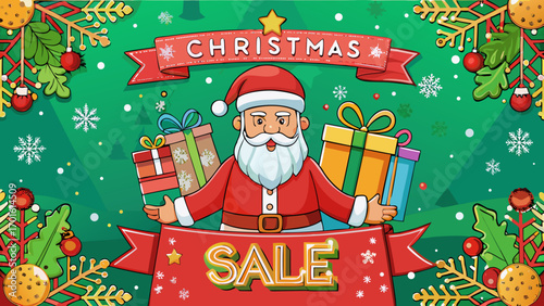 Santa claus holding christmas gifts and promoting a festive sale with holiday decorations and snowflakes on a green background