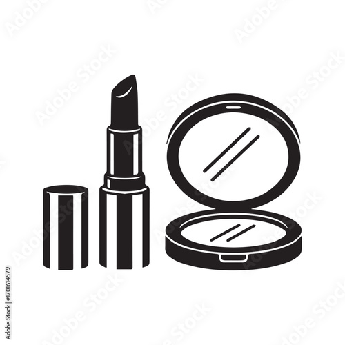 Lipstick and compact mirror icon. Makeup and cosmetics vector silhouette. Black and white beauty accessory graphic.

