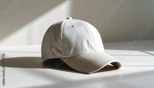 Simple and modern white baseball cap accessory with a contrasting brim, displayed in a clean, sunlit environment perfect for a fashion mockup