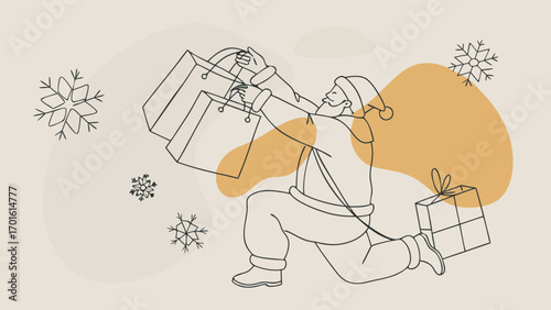 Santa claus running with shopping bags and a gift box surrounded by snowflakes and abstract shapes for christmas