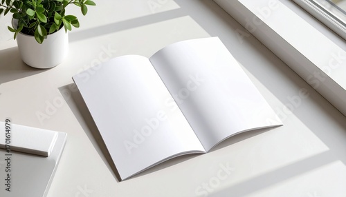 Minimalist open book mockup with blank pages on a sunlit white desk with a plant and window shadow for design presentation
