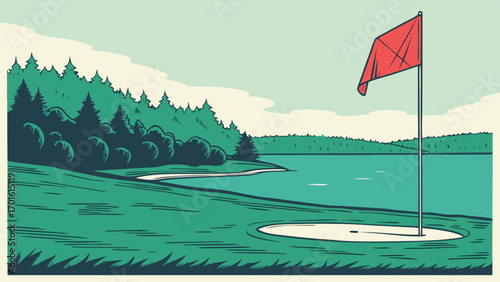 Golf course with a flag on the green, next to a lake and surrounded by trees, representing a scenic outdoor sport and recreation