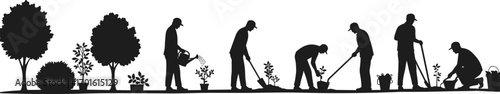 PrintSilhouette illustration of gardeners planting trees, watering plants, digging soil, and using tools for eco friendly gardening and environmental sustainability.