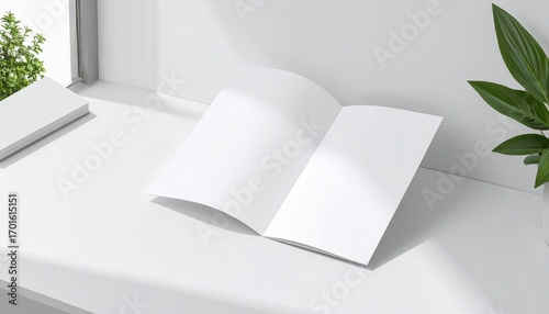 Blank open bifold brochure mockup on a white sunlit windowsill with green plants for design presentation