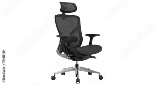 Ergonomic office chair with adjustable headrest and armrests isolated PNG with Transparent Background