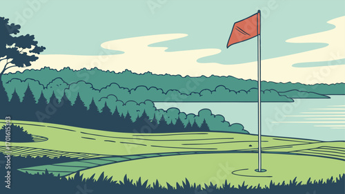 A scenic view of a golf course with a flag on the green, overlooking a tranquil lake and lush green trees under a cloudy sky