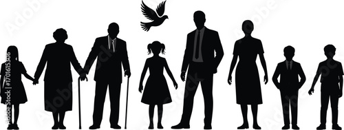 PrintSilhouette vector of diverse family generations with children, adults, grandparents and dove symbolizing peace, unity, love and togetherness illustration