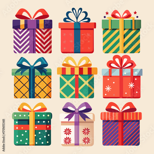 A vibrant collection of nine assorted gift boxes with colorful ribbons and bows perfect for celebrations