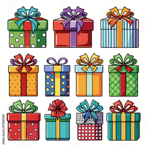 A colorful collection of twelve assorted gift boxes with ribbons and bows perfect for celebrations and special occasions