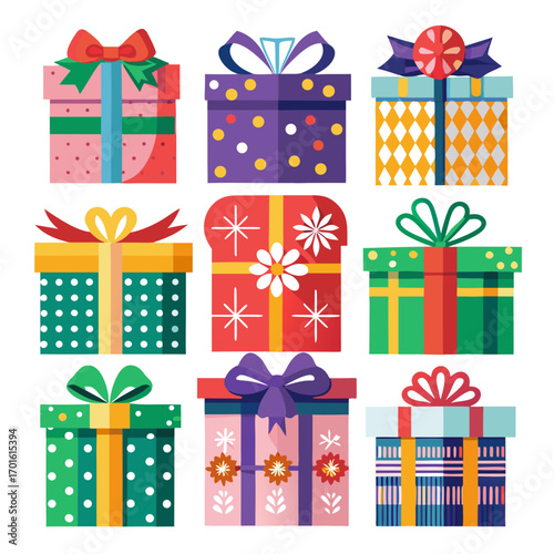 A vibrant collection of nine assorted gift boxes with decorative bows and festive patterns for celebrations and holidays