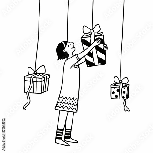 A young girl in a long dress and striped socks reaches for a hanging gift box with diagonal stripes surrounded by other suspended presents