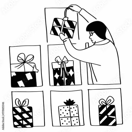 Person carefully placing a wrapped gift box with a ribbon onto a shelf displaying multiple other beautifully wrapped presents