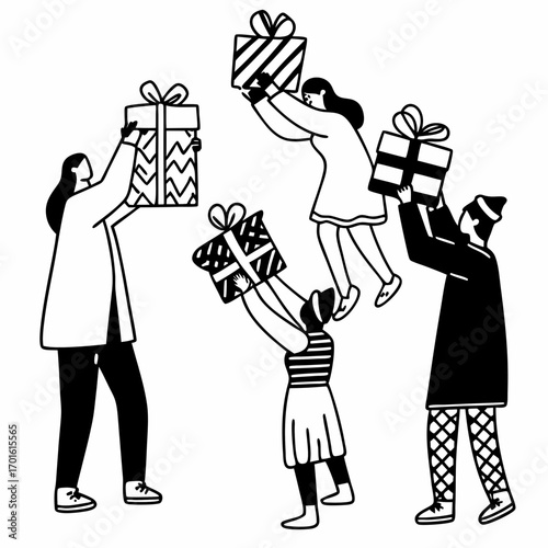 Diverse group of people in simple black and white line art style celebrating and holding up wrapped gift boxes with ribbons