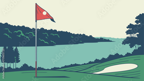 Golf course scene with a red flag on the green, a sand trap, and a view of a serene lake surrounded by dense trees
