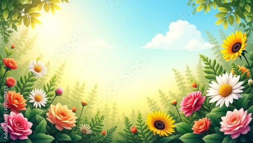 Sunny Day Garden Scene with Roses Sunflowers Daisies