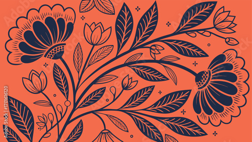 A vibrant folk art illustration featuring dark blue floral and leaf patterns against a bright orange background