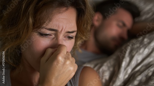 A woman experiences deep emotional distress while her partner sleeps nearby, highlighting intimacy and conflict.