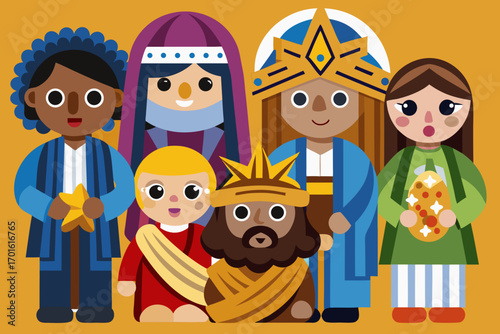 A group of diverse cartoon characters dressed in colorful robes and crowns some holding gifts in a flat design style with a warm orange background
